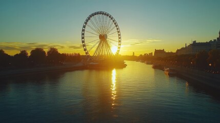 Sunset silhouette of Ferris wheel over river.