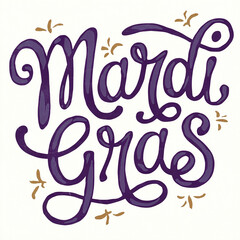 Obraz premium Mardi Gras lettering in purple with gold details on white background. Carnival celebration design for banner, poster, card, print, flyer, menu. Space for text.