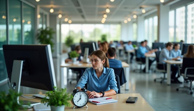 Businesswoman checks time on desk clock and computer in modern office. Colleagues work around her. Daytime scene in open office with natural light and plants. Employees are focused on their tasks.