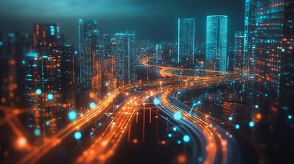 Fototapeta premium Smart digital Innovation city with connection network reciprocity over the cityscape. of future smart wireless digital city and social media networking systems that connects people with in city