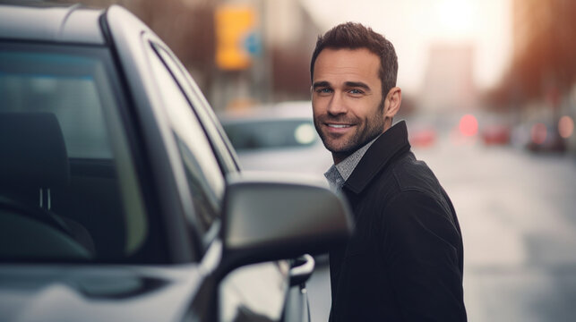 Stylish Man Walking Confidently on Busy City Stree