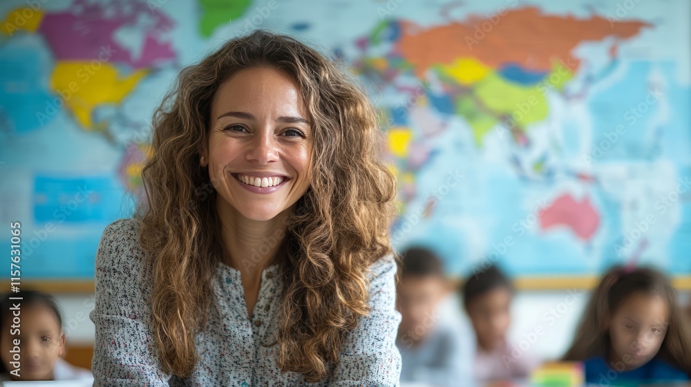 Aufkleber a teacher smiling confidently, sitting in front of the class with a colorful world map behind, expla