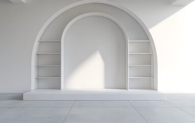 Clean and modern living room concept featuring a white empty wall, subtle shelving, and a central arch as a focal point