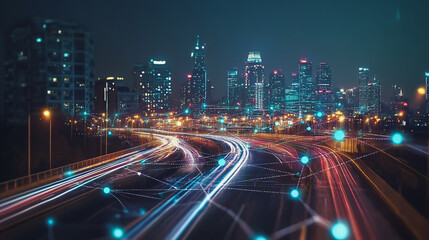 Obraz premium Smart digital Innovation city with connection network reciprocity over the cityscape. of future smart wireless digital city and social media networking systems that connects people with in city