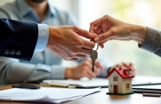 Real estate agent hands keys to new owner. Property purchase agreement signed. Successful deal for home. Business transaction complete. Documents on table. Landlord, buyer present. Client receives