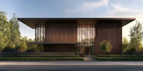 Fototapeta premium A modern architectural design featuring a sleek, two-story building with large glass windows and wood paneling amidst greenery. Concept Modern Architecture, Sleek Design, Large Glass Windows