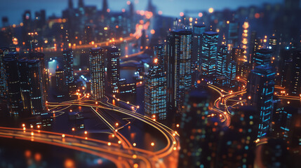 Fototapeta premium Smart digital Innovation city with connection network reciprocity over the cityscape. of future smart wireless digital city and social media networking systems that connects people with in city