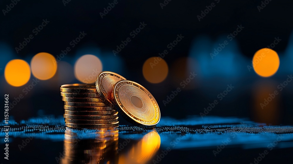 Poster golden coins stacked on dark surface with bokeh background.