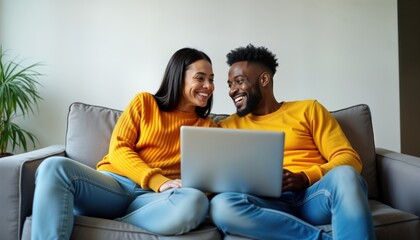Happy diverse couple relaxes on sofa at home using laptop. Look entertained by something on screen. Modern couple enjoying tech at home. Couple looks cheerful, involved in online activity. Possibly