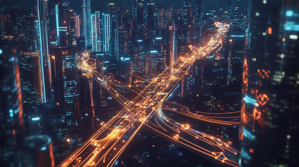 Fototapeta premium Smart digital Innovation city with connection network reciprocity over the cityscape. of future smart wireless digital city and social media networking systems that connects people with in city