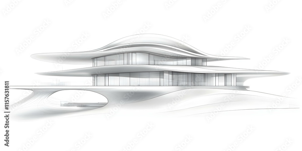 Poster a modern architectural design featuring flowing shapes, large windows, and a unique curved structure