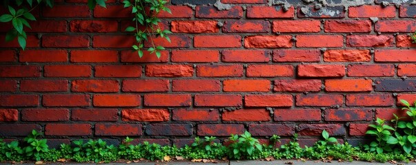 old red brick wall with overgrown weeds and crumbling mortar, landscape, neglect