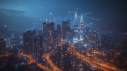 Smart digital Innovation city with connection network reciprocity over the cityscape. of future smart wireless digital city and social media networking systems that connects people with in city