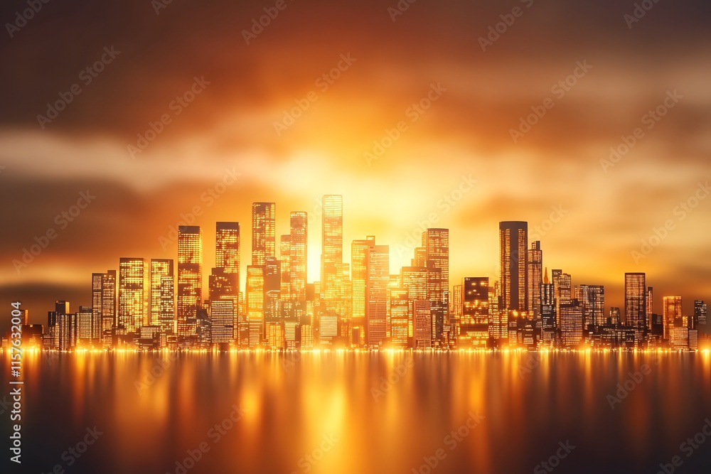 Poster conceptual metropolis of business documents and financial data illuminated by golden light
