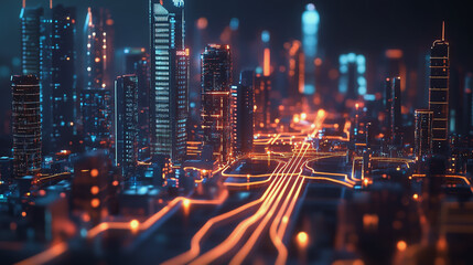 Obraz premium Smart digital Innovation city with connection network reciprocity over the cityscape. of future smart wireless digital city and social media networking systems that connects people with in city