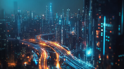 Fototapeta premium Smart digital Innovation city with connection network reciprocity over the cityscape. of future smart wireless digital city and social media networking systems that connects people with in city