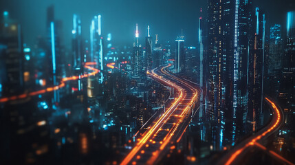 Fototapeta premium Smart digital Innovation city with connection network reciprocity over the cityscape. of future smart wireless digital city and social media networking systems that connects people with in city