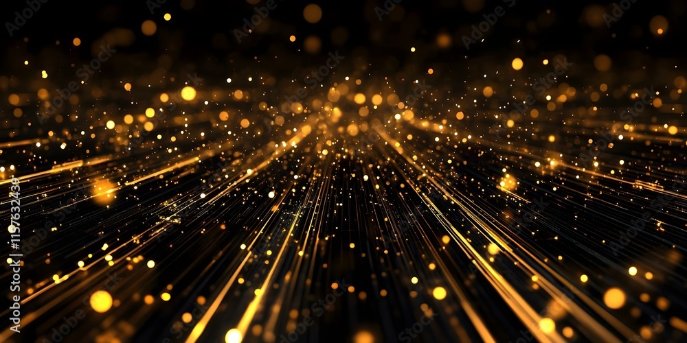 Poster a vibrant display of golden particles and streaks on a dark background, creating a dynamic, glowing 