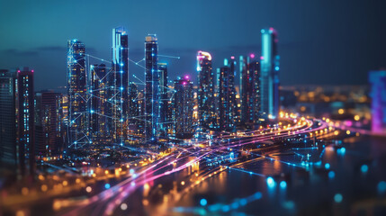 Fototapeta premium Smart digital Innovation city with connection network reciprocity over the cityscape. of future smart wireless digital city and social media networking systems that connects people with in city