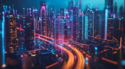 Smart digital Innovation city with connection network reciprocity over the cityscape. of future smart wireless digital city and social media networking systems that connects people with in city