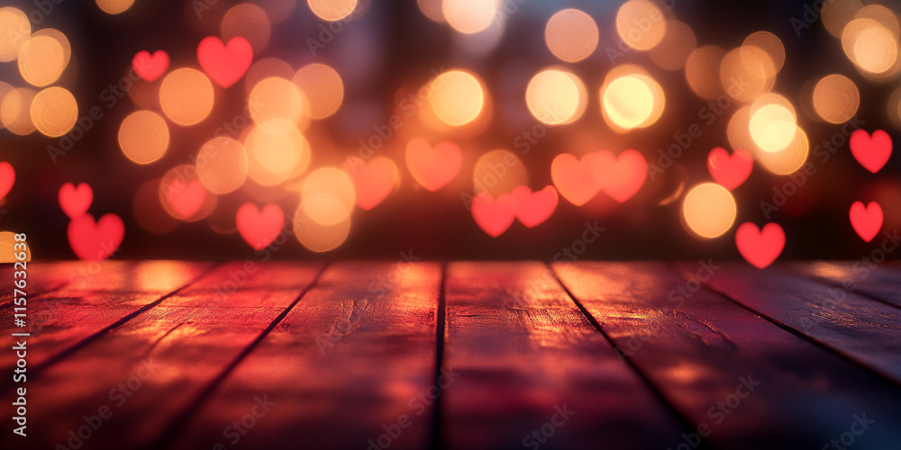 Aufkleber romantic red heart bokeh lights and a rustic wooden surface for valentine's day background