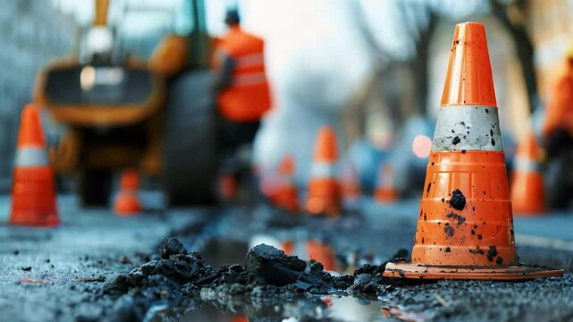 plastic cones and builders working on construction or repairing of asphalt road