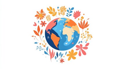 Vibrant Earth Illustration Surrounded by Colorful Flowers and Leaves, Showcasing a Cheerful Perspective of Our Planet and Nature's Beauty