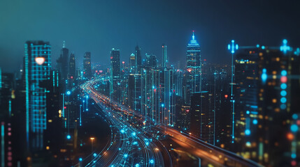 Fototapeta premium Smart digital Innovation city with connection network reciprocity over the cityscape. of future smart wireless digital city and social media networking systems that connects people with in city