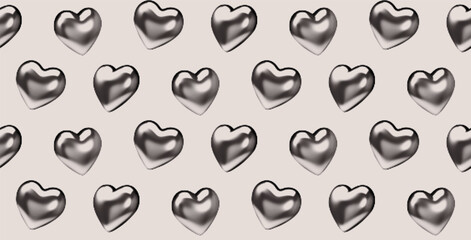 Seamless pattern of metallic chrome hearts on a beige background. The glossy hearts feature a halftone texture. Modern, stylish, romantic wallpaper design for print, fabric etc.