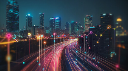 Obraz premium Smart digital Innovation city with connection network reciprocity over the cityscape. of future smart wireless digital city and social media networking systems that connects people with in city