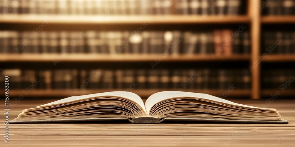 Poster an open book is placed on a wooden surface with a blurred background of bookshelves. concept open bo