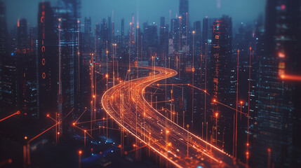 Obraz premium Smart digital Innovation city with connection network reciprocity over the cityscape. of future smart wireless digital city and social media networking systems that connects people with in city