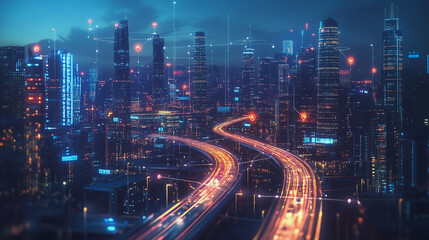 Fototapeta premium Smart digital Innovation city with connection network reciprocity over the cityscape. of future smart wireless digital city and social media networking systems that connects people with in city