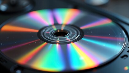 Close-up view of shiny silver CD. Prismatic reflection shows vibrant spectrum of colors. Cd symbol of vintage tech, multimedia. Round shape emphasized. Image represents nostalgia for 90s, early