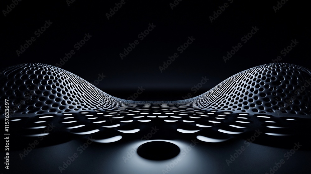 Poster abstract dark metallic surface with perforated texture and curved design.