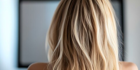 Naklejka premium A view of a person's back, focusing on long, loose blonde hair with soft waves, possibly indoors near a screen. Concept Blonde Hair Details, Soft Waves, Indoor Setting, Screen Background