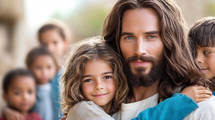 Obraz premium Joyful Moments With Jesus and Children Celebrating Love and Kindness in a Timeless Biblical Setting
