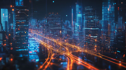 Obraz premium Smart digital Innovation city with connection network reciprocity over the cityscape. of future smart wireless digital city and social media networking systems that connects people with in city