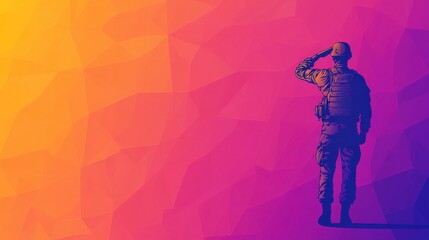 Soldier Saluting Against a Vibrant Geometric Background, Symbolizing Honor, Respect, and Military Service with a Bold Color Palette
