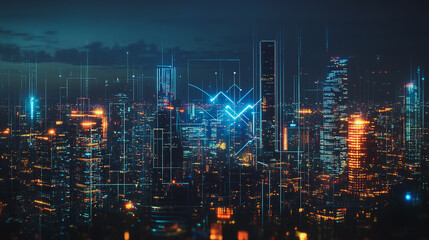 Fototapeta premium Smart digital Innovation city with connection network reciprocity over the cityscape. of future smart wireless digital city and social media networking systems that connects people with in city
