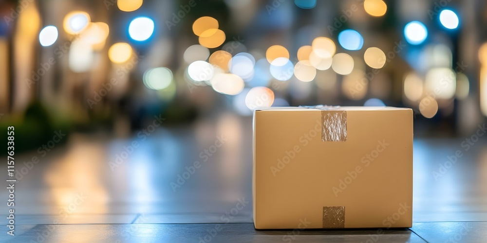 Aufkleber a wrapped package is placed on a street, softly illuminated by blurred bokeh lights in the backgroun