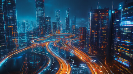 Obraz premium Smart digital Innovation city with connection network reciprocity over the cityscape. of future smart wireless digital city and social media networking systems that connects people with in city