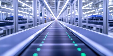 Fototapeta premium A modern conveyor belt system in a factory, with illuminated lines guiding packages along a streamlined production line. Concept Modern Conveyor Belt Technology, Streamlined Production Systems