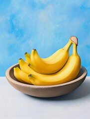 Yellow Bananas in a Bowl Still Life - A vibrant still life featuring four ripe yellow bananas artfully arranged in a rustic bowl against a bright blue background.  Symbolizing health, abundance, joy, 