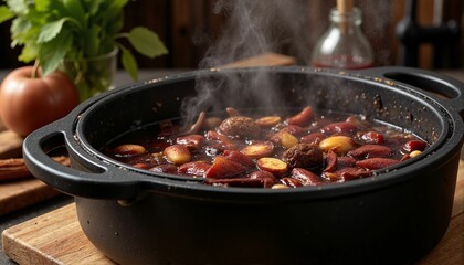 Simmering mulled wine in rustic kitchen, warmth and comfort