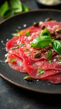 Tiny sliced beef carpaccio garnished with parmesan flakes, capers, and fresh basil on a stylish plate with a dark background. Italian gourmet appetizer for restaurants, menu