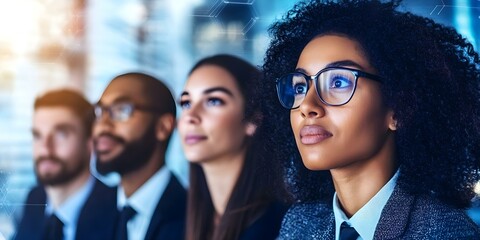 Obraz premium A diverse group of individuals attentively watching a presentation, showcasing focus and engagement. Concept Diverse Audience, Engaged Participants, Presentation Focus, Active Listening