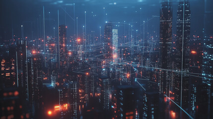 Fototapeta premium Smart digital Innovation city with connection network reciprocity over the cityscape. of future smart wireless digital city and social media networking systems that connects people with in city