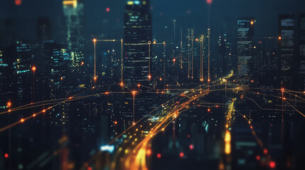 Naklejka premium Smart digital Innovation city with connection network reciprocity over the cityscape. of future smart wireless digital city and social media networking systems that connects people with in city