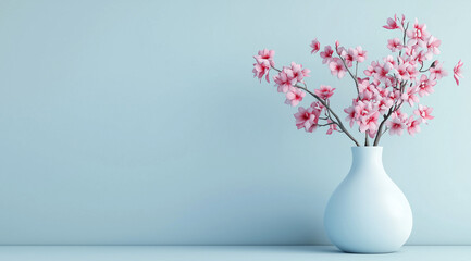 White vase with pink flowers on a light blue background, 3D rendering illustration.